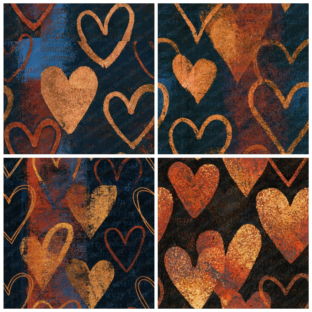 Four more Linocut Heart Outlines Copper Rust Seamless digital papers from the pack shown in a grid