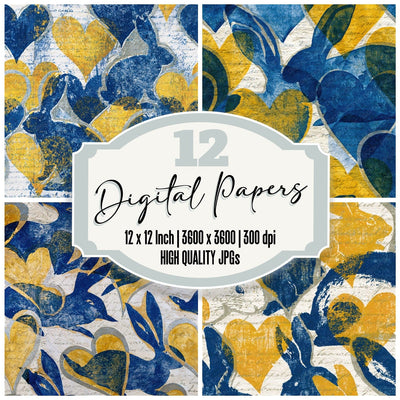 Linocut Heart Rabbits Cobalt Yellow Seamless digital paper pack cover showing four of the 12 papers