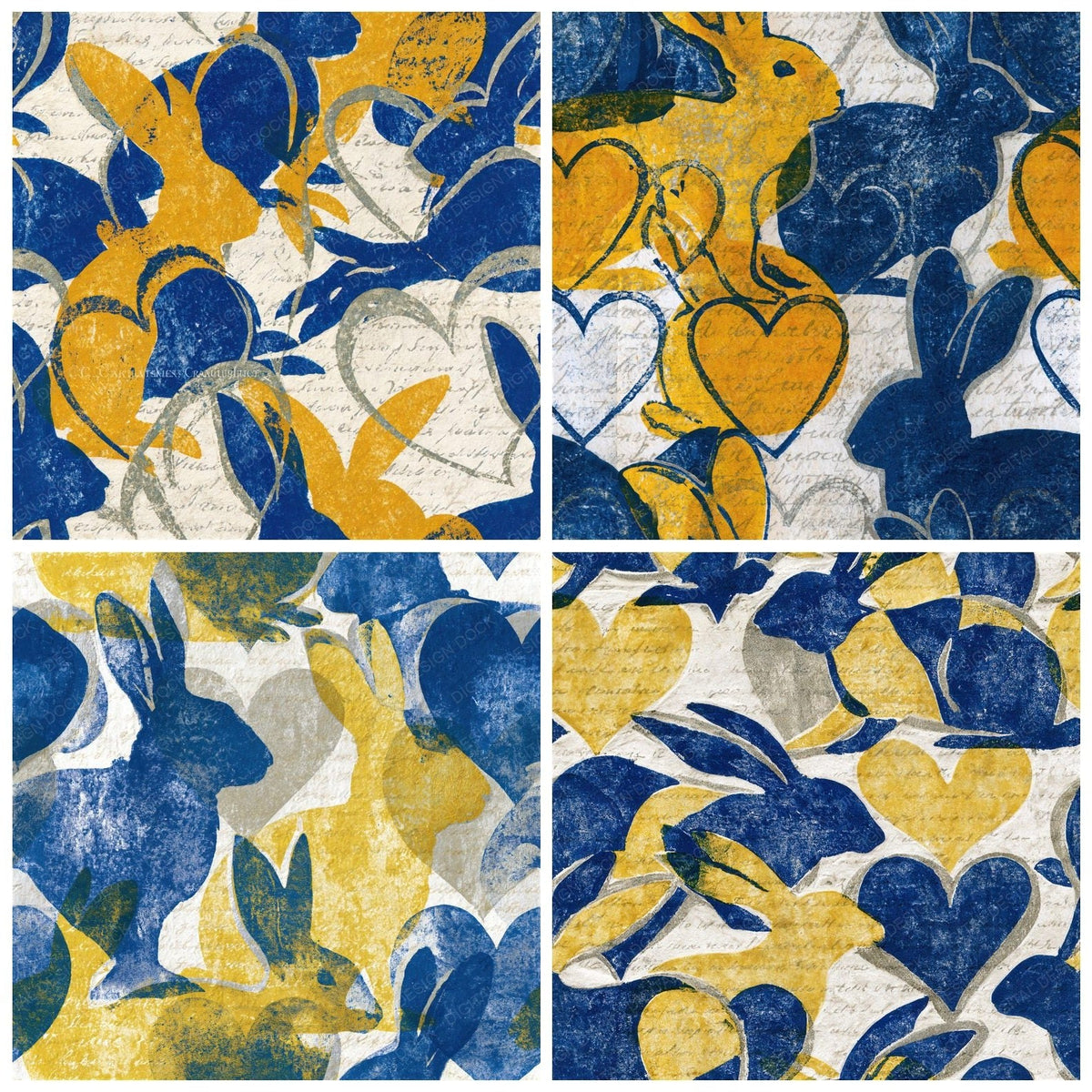 Four Linocut Heart Rabbits Cobalt Yellow Seamless digital papers from the pack shown in a grid