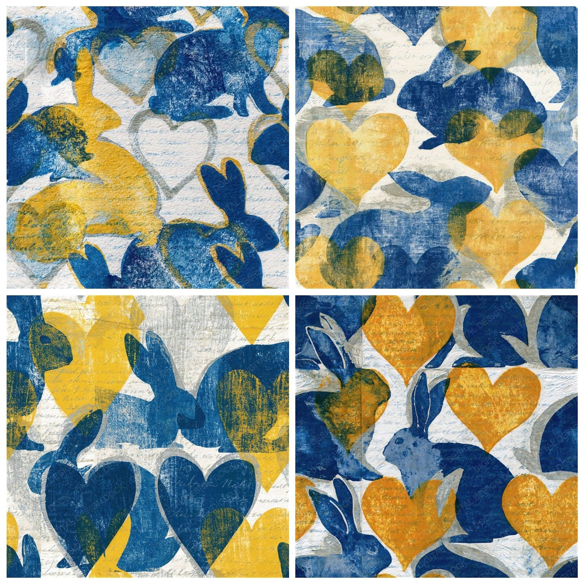 Four more Linocut Heart Rabbits Cobalt Yellow Seamless digital papers from the pack shown in a grid