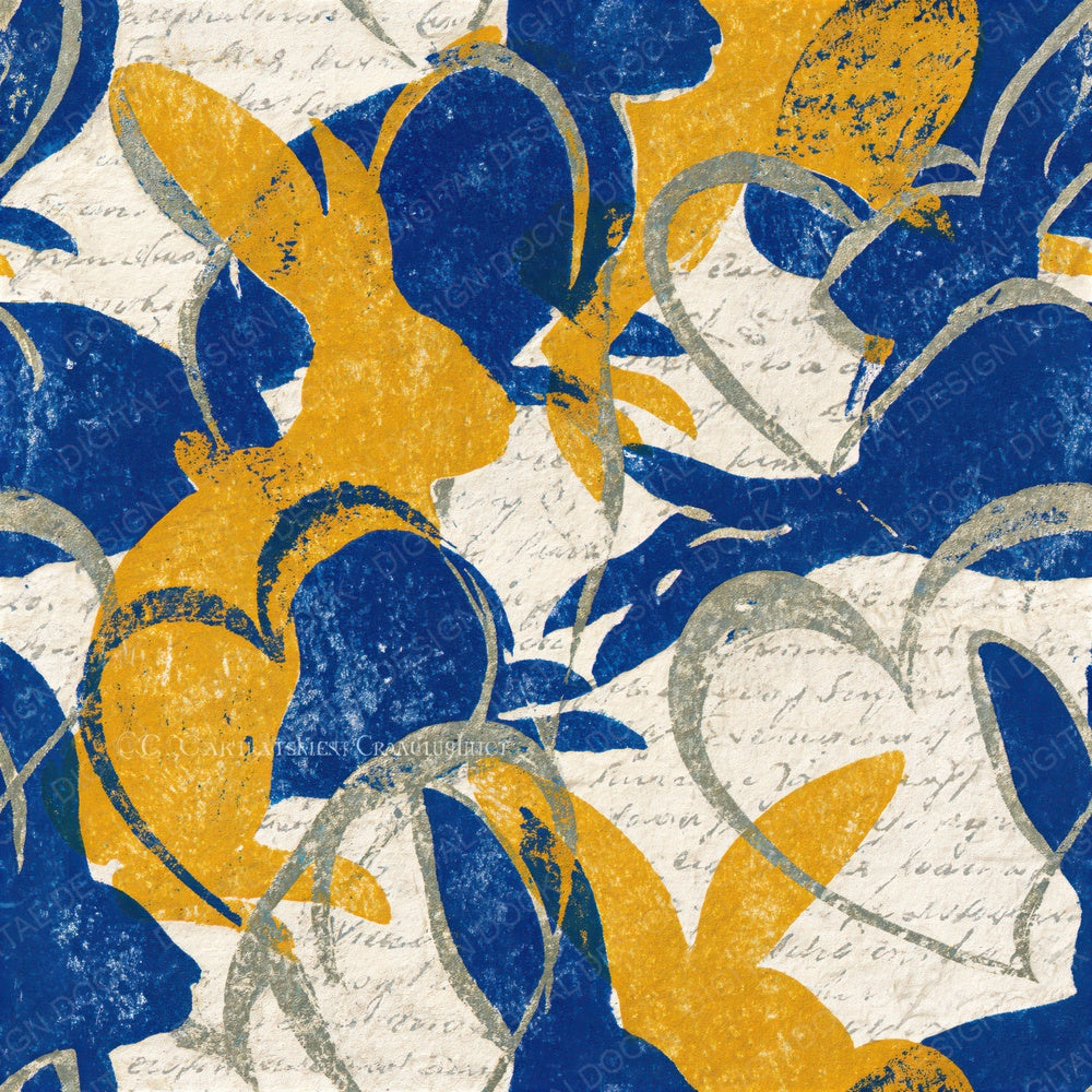 Single Linocut Heart Rabbits Cobalt Yellow Seamless digital paper shown full size