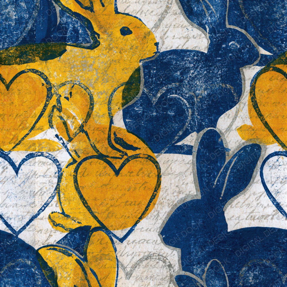 Another Linocut Heart Rabbits Cobalt Yellow Seamless digital paper shown full size