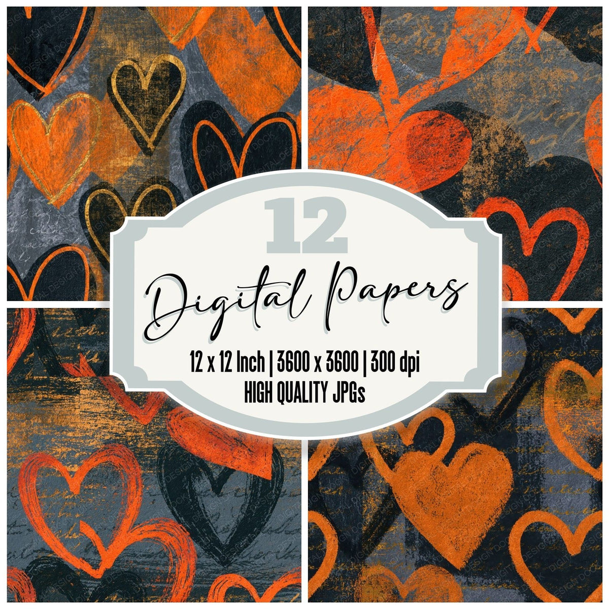 Lithograph Heart Outlines Orange Char Seamless digital paper pack cover showing four of the 12 papers