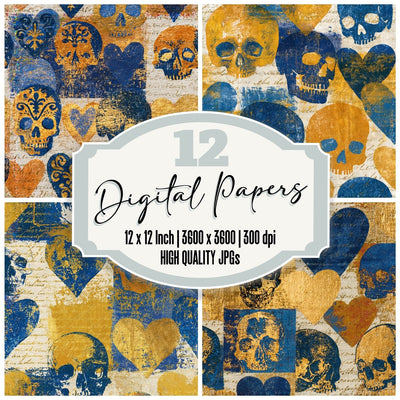 Magic Realism Skulls Hearts Ochre Lapis Seamless digital paper pack cover showing four of the 12 papers