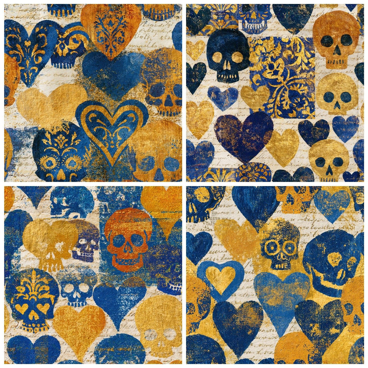Four Magic Realism Skulls Hearts Ochre Lapis Seamless digital papers from the pack shown in a grid