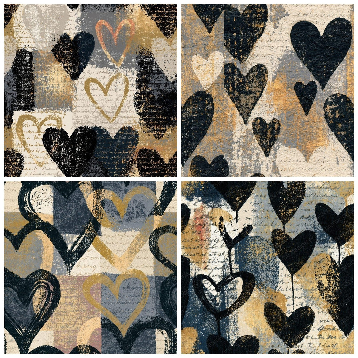 Four Monoprint Heart Outlines Bone Black Seamless digital papers from the pack shown in a grid