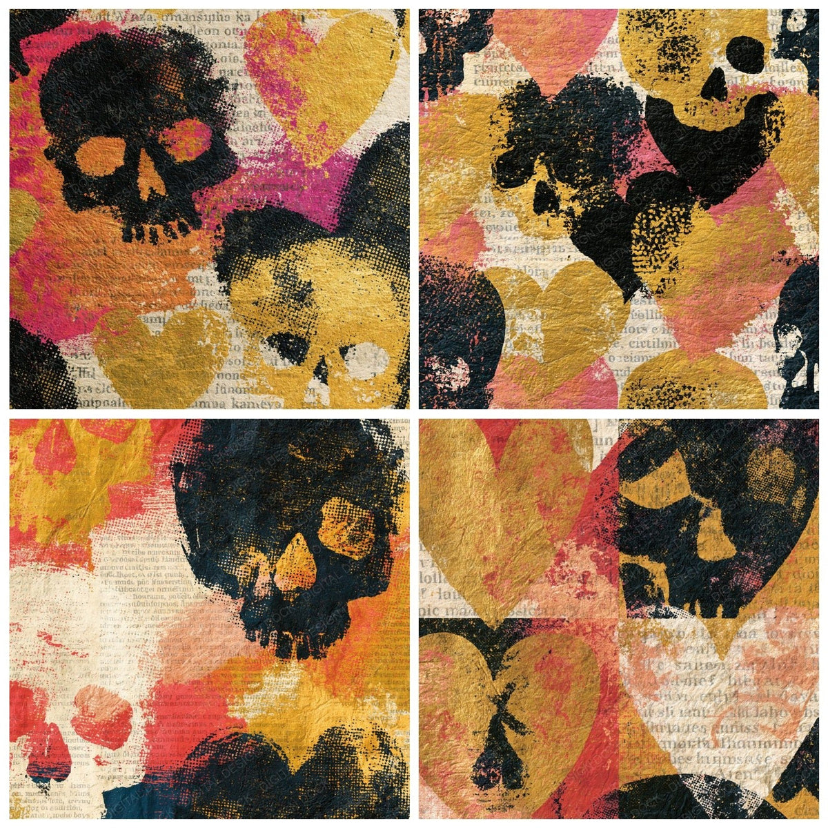 Four Vintage Newsprint Skulls Hearts Texture digital papers from the pack shown in a grid