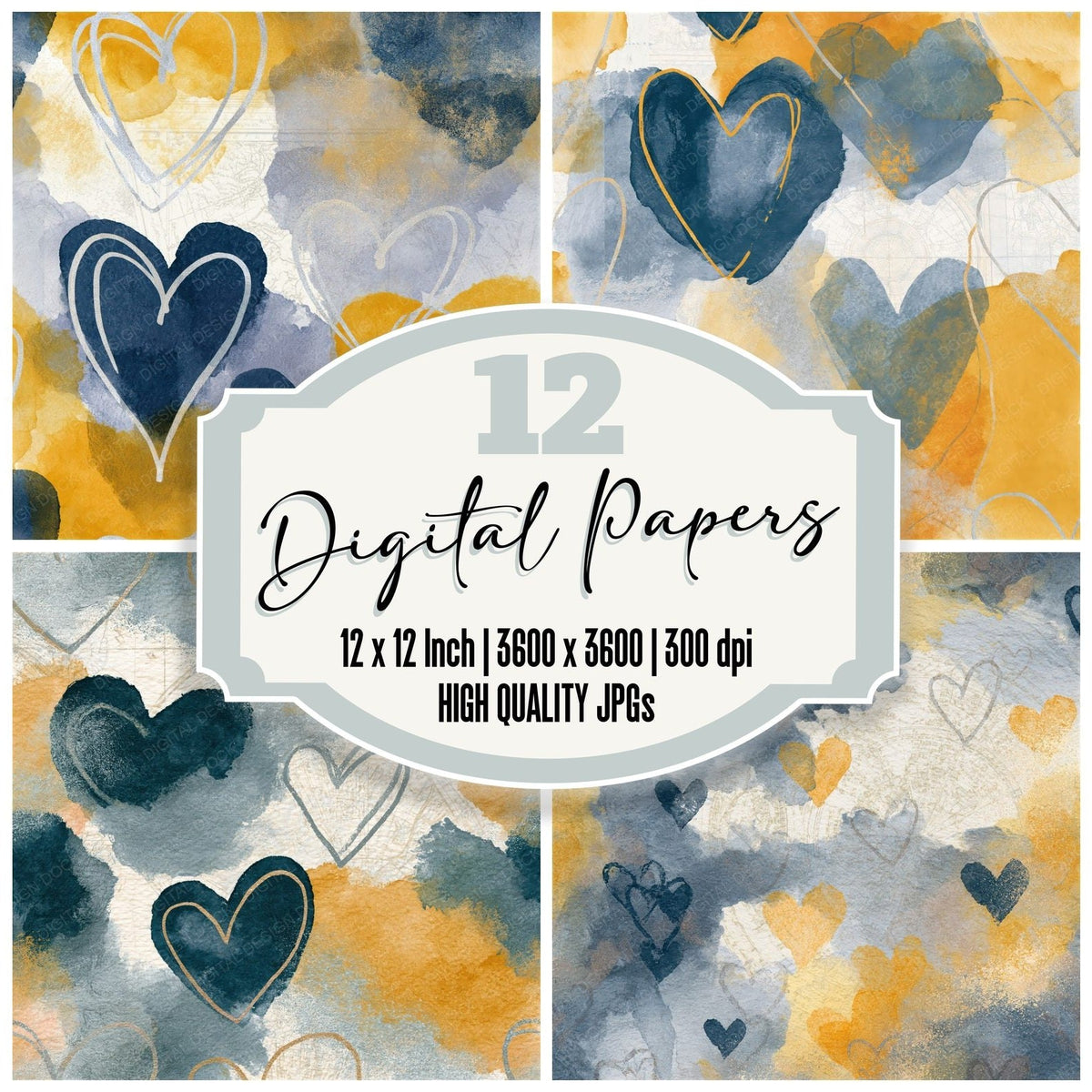 Watercolour Heart Outlines Slate Butter Seamless digital paper pack cover showing four of the 12 papers