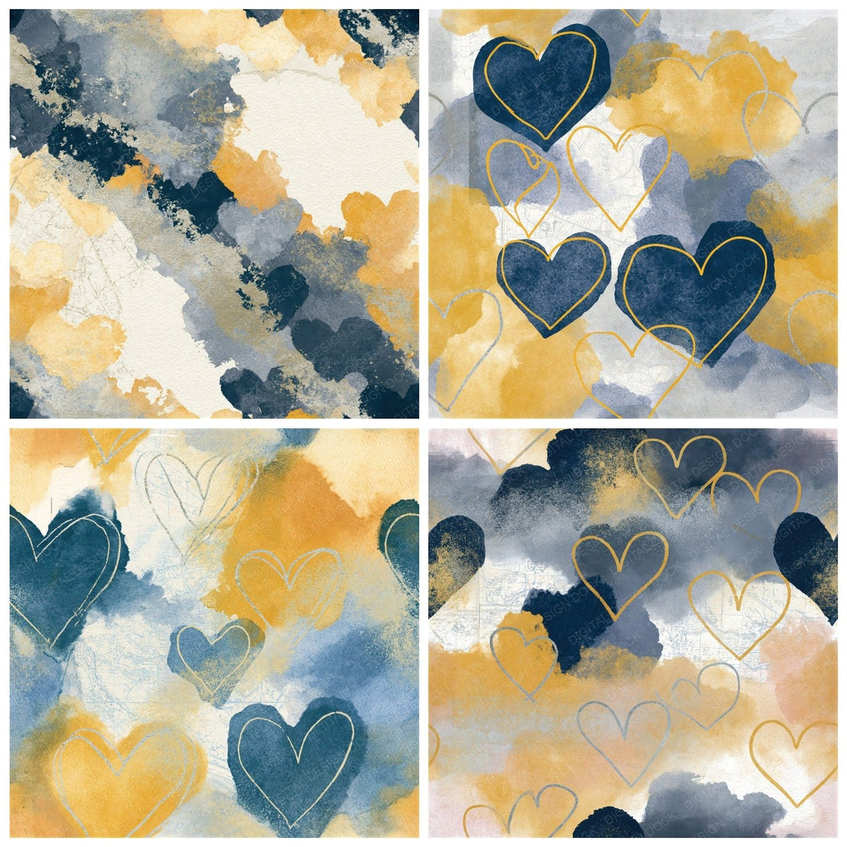 Four Watercolour Heart Outlines Slate Butter Seamless digital papers from the pack shown in a grid