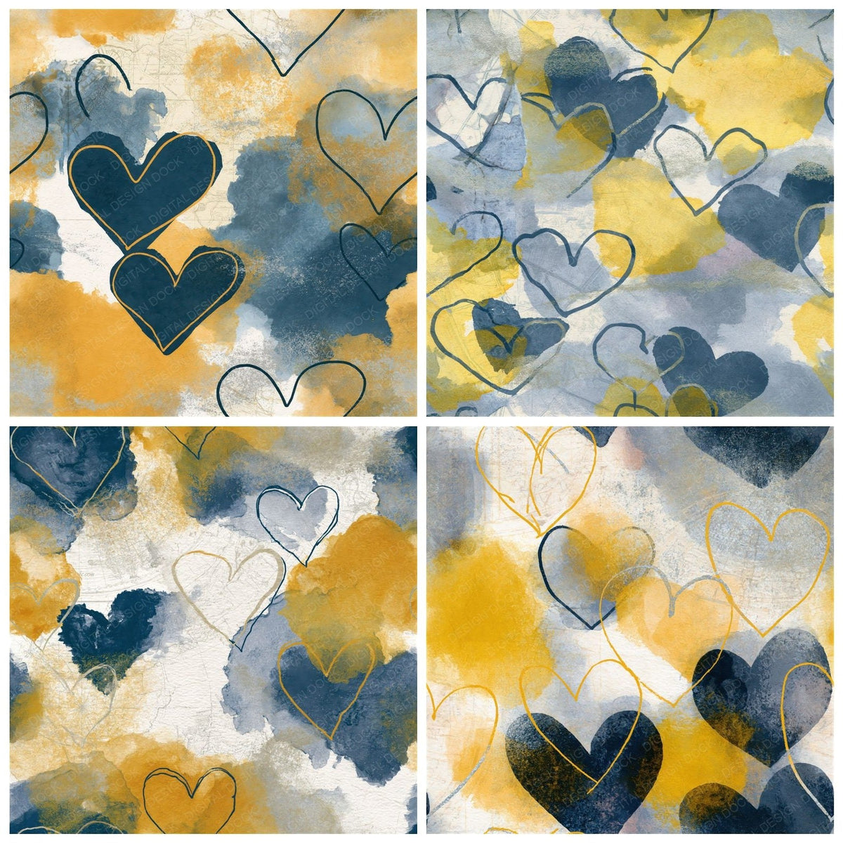 Four more Watercolour Heart Outlines Slate Butter Seamless digital papers from the pack shown in a grid