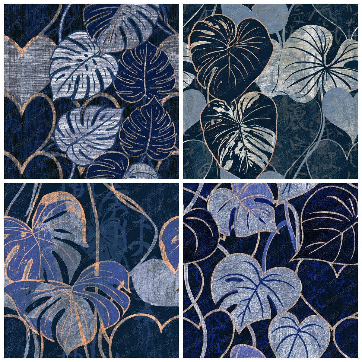 Four Woodcut Heart Philodendron Navy Seamless digital papers from the pack shown in a grid
