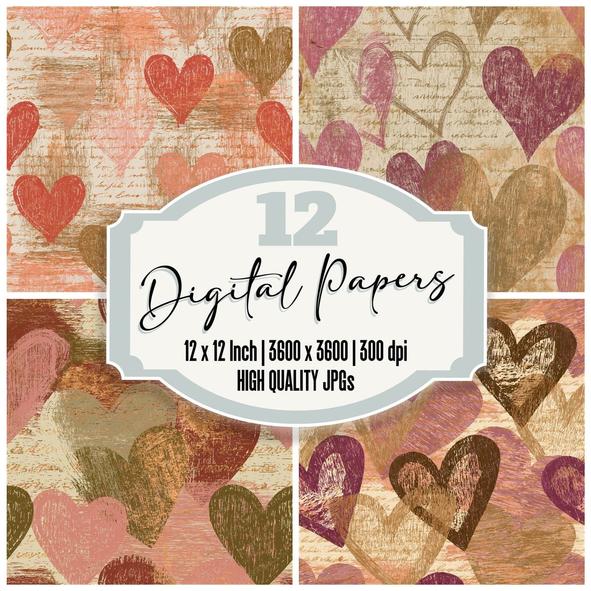 Woodcut Hearts Tobacco Rose Seamless digital paper pack cover showing four of the 12 papers