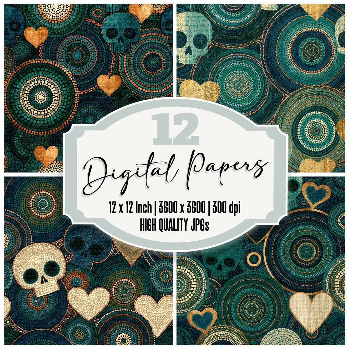 Aboriginal Dot Skulls Hearts Teal Cream digital paper pack cover showing four of the 12 papers