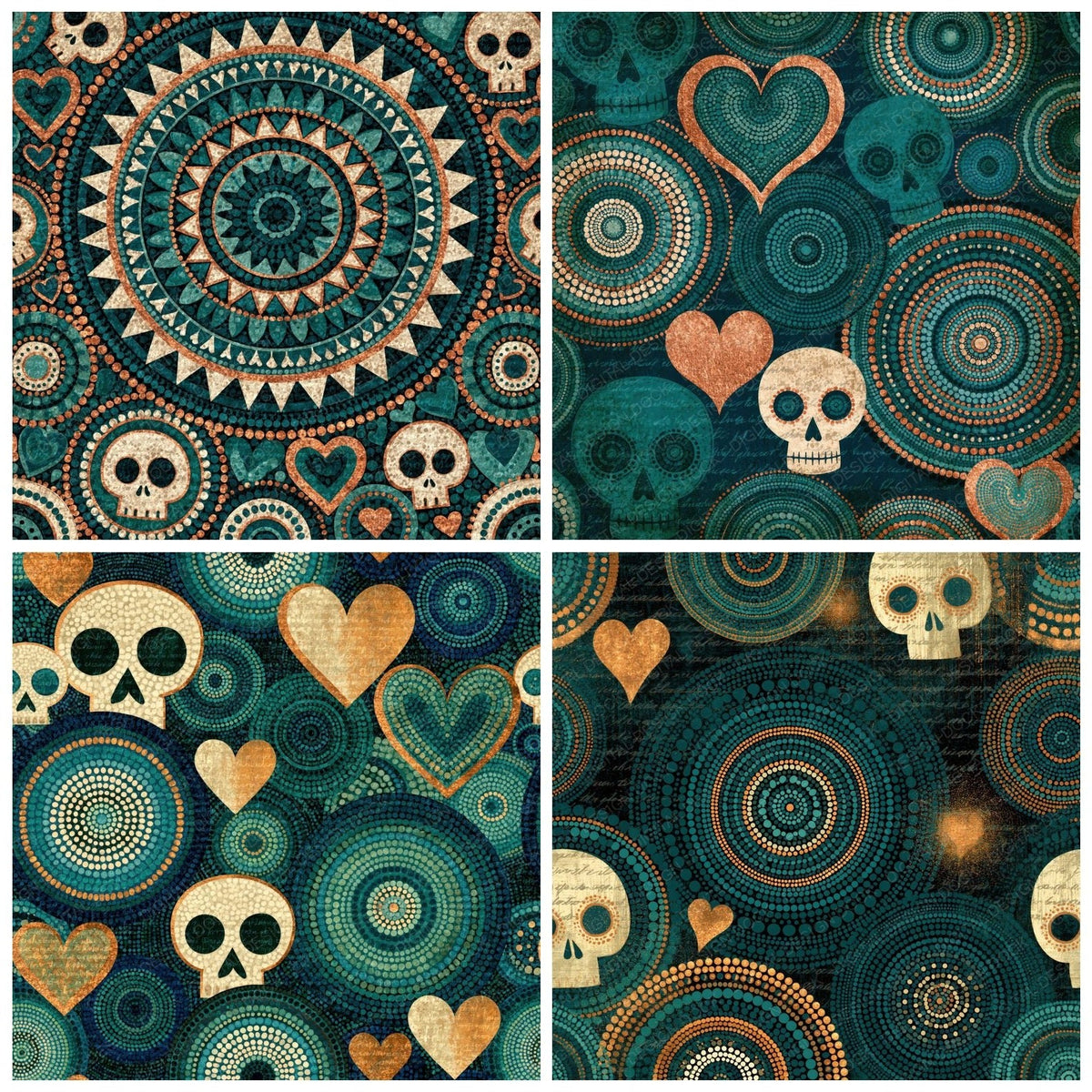 Four Aboriginal Dot Skulls Hearts Teal Cream digital papers from the pack shown in a grid