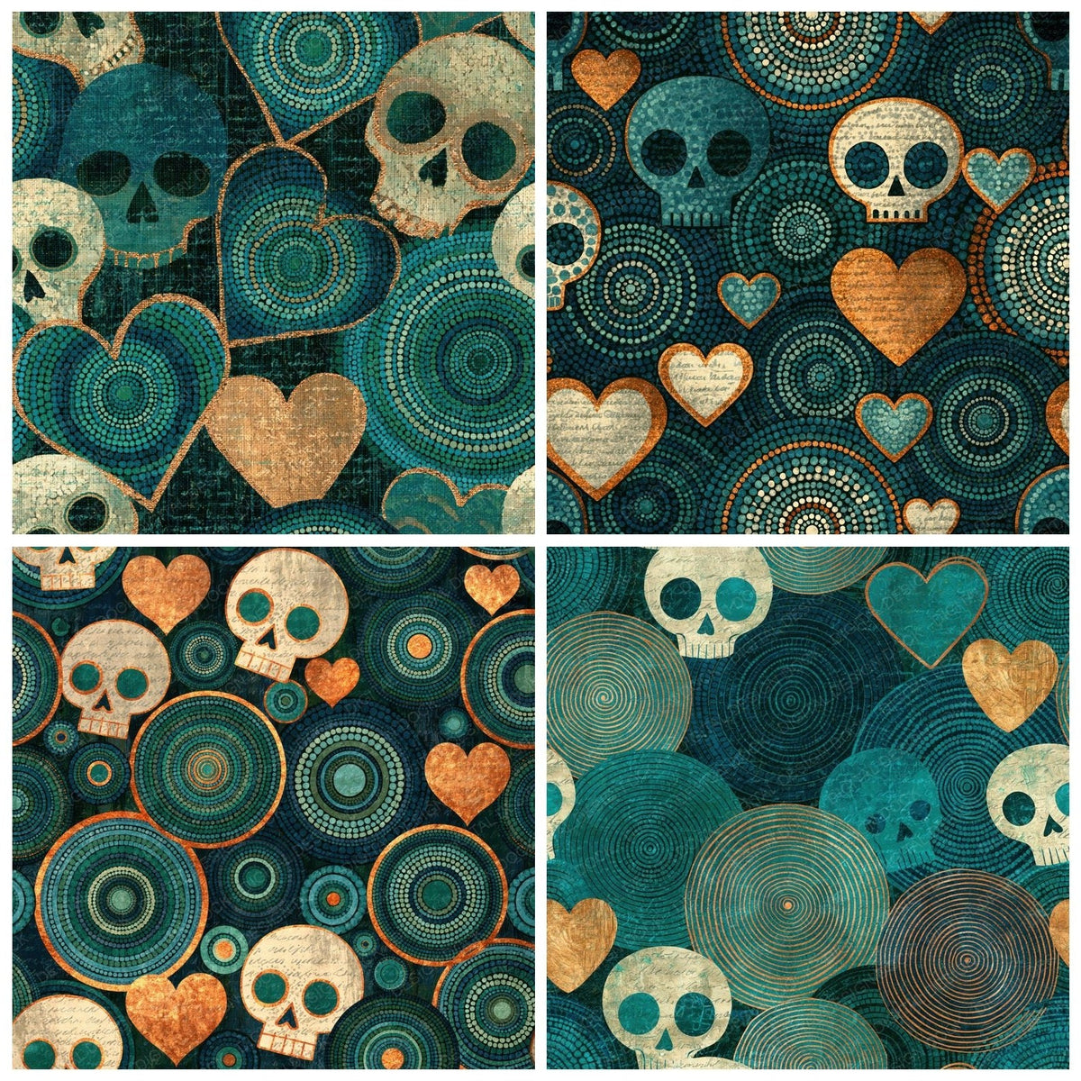 Four more Aboriginal Dot Skulls Hearts Teal Cream digital papers from the pack shown in a grid
