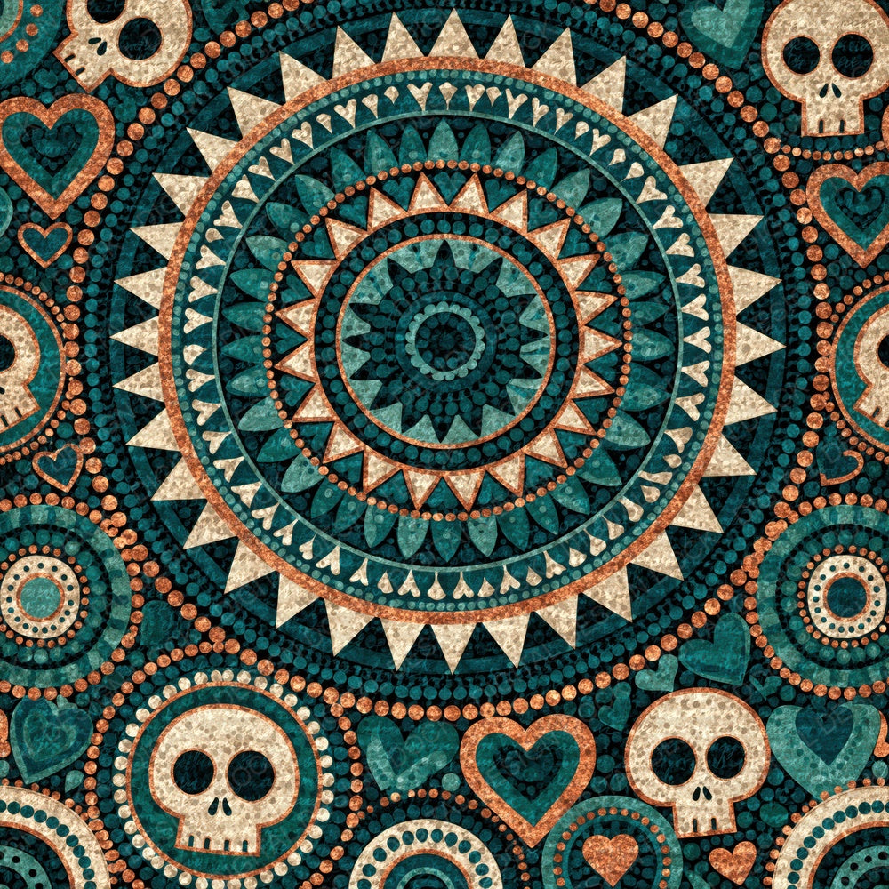 Single Aboriginal Dot Skulls Hearts Teal Cream digital paper shown full size