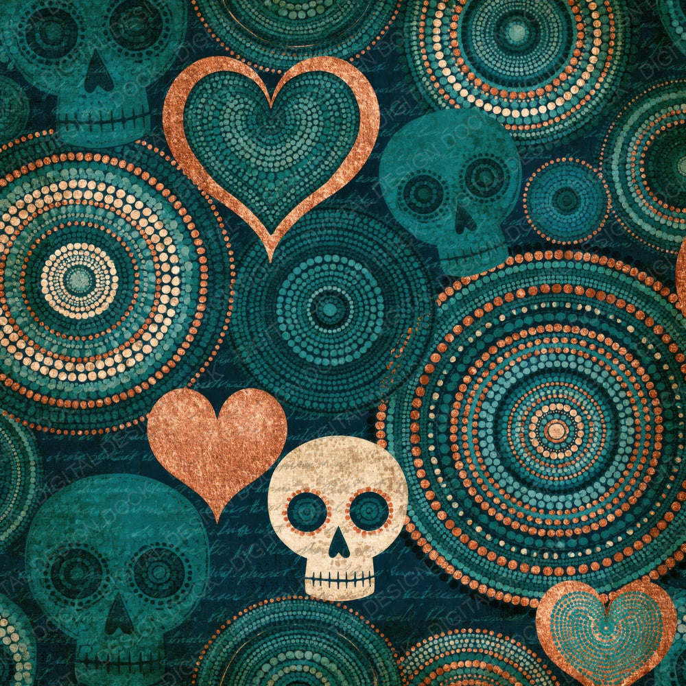 Another Aboriginal Dot Skulls Hearts Teal Cream digital paper shown full size