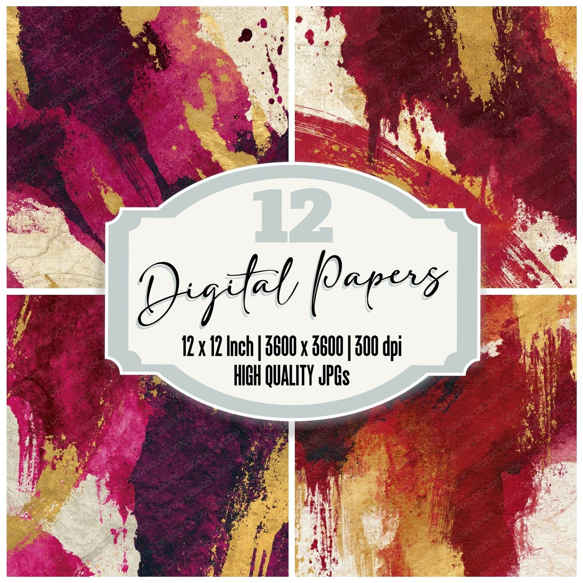 Abstract Expressionist Cranberry Evergreen Ivory digital paper pack cover showing four of the 12 papers