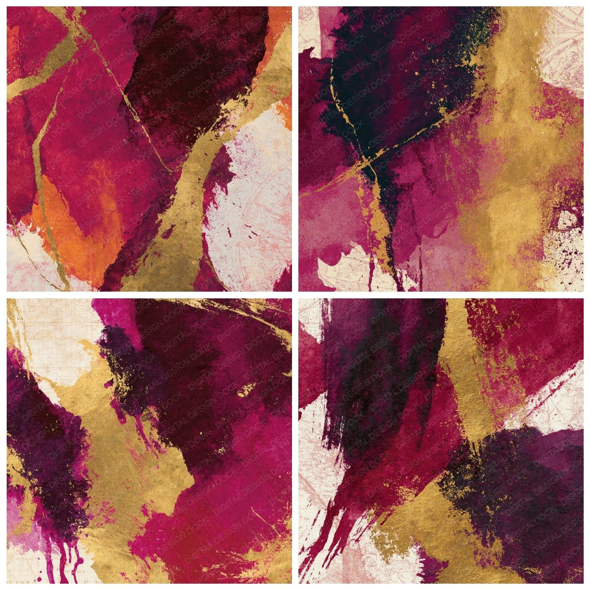 Four Abstract Expressionist Cranberry Evergreen Ivory digital papers from the pack shown in a grid