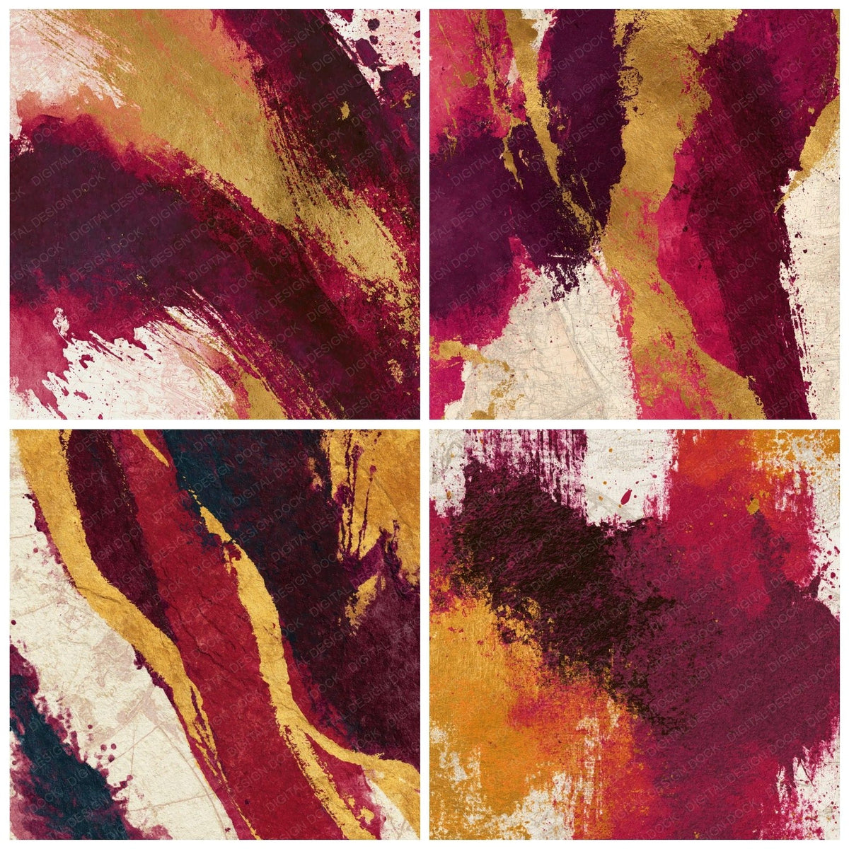 Four more Abstract Expressionist Cranberry Evergreen Ivory digital papers from the pack shown in a grid