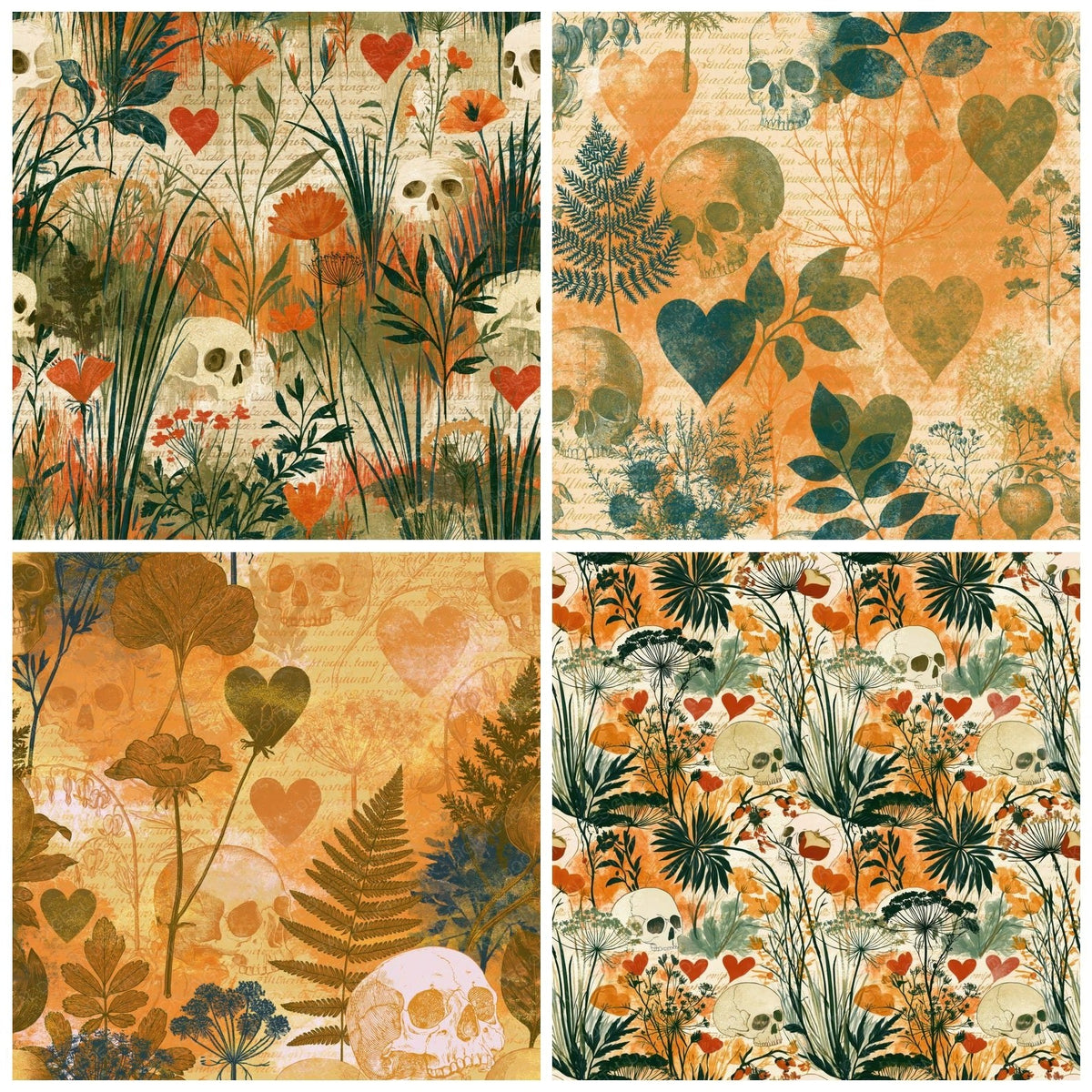 Four more Antique Bird Plate Skulls Hearts Squash Moss digital papers from the pack shown in a grid