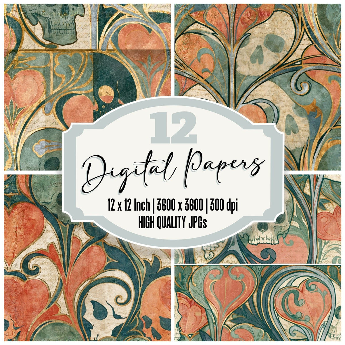 Art Nouveau Skulls Hearts Peach Sage Seamless digital paper pack cover showing four of the 12 papers
