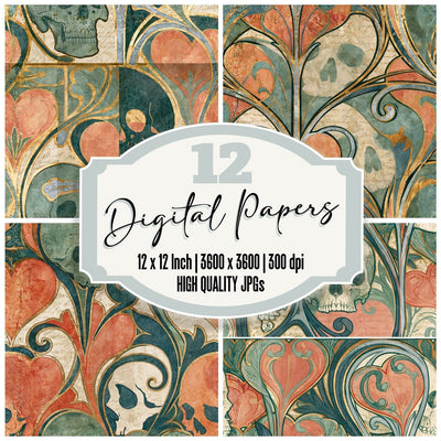 Art Nouveau Skulls Hearts Peach Sage Seamless digital paper pack cover showing four of the 12 papers