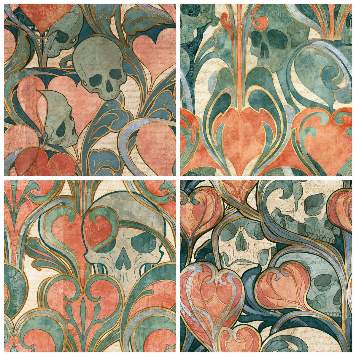 Four Art Nouveau Skulls Hearts Peach Sage Seamless digital papers from the pack shown in a grid