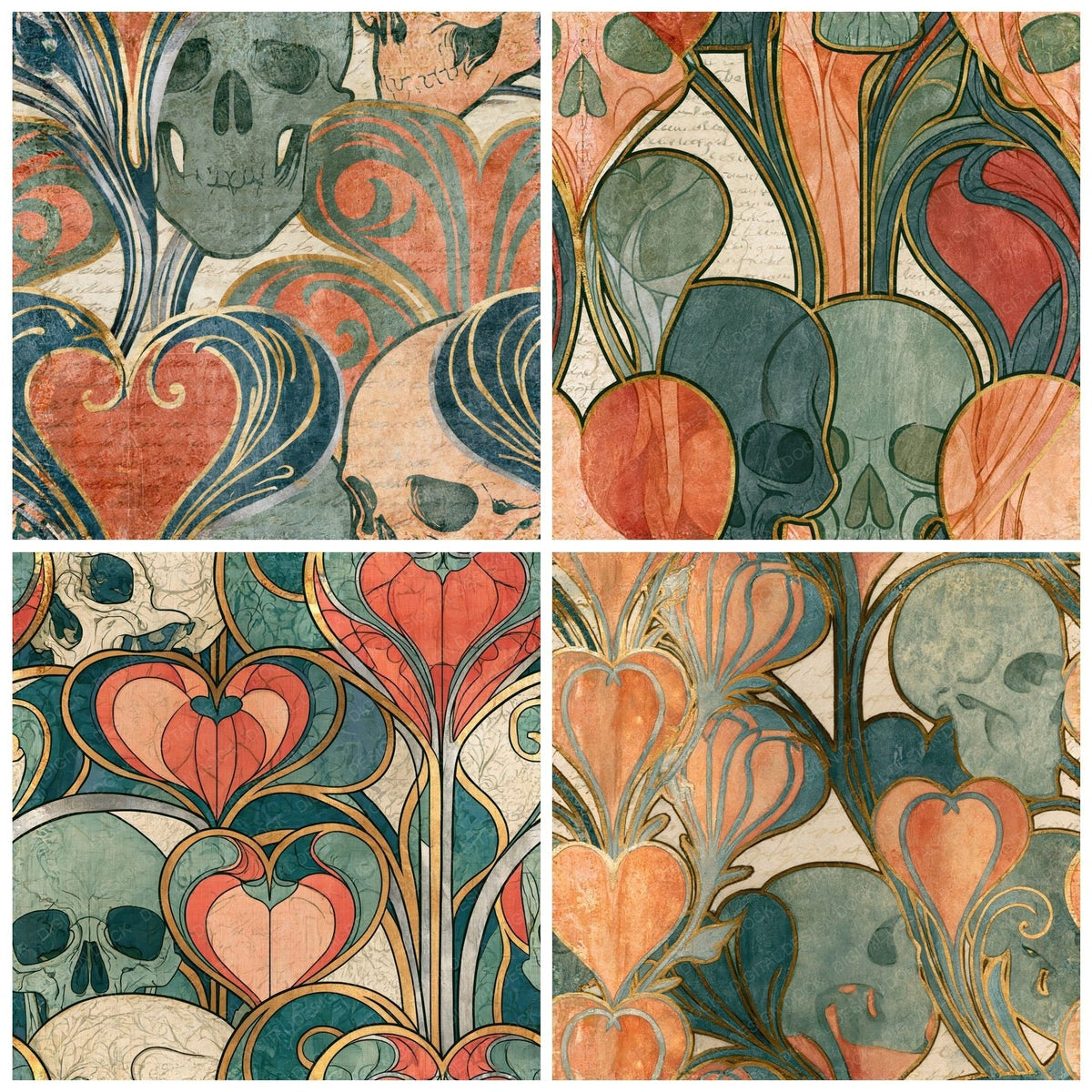 Four more Art Nouveau Skulls Hearts Peach Sage Seamless digital papers from the pack shown in a grid