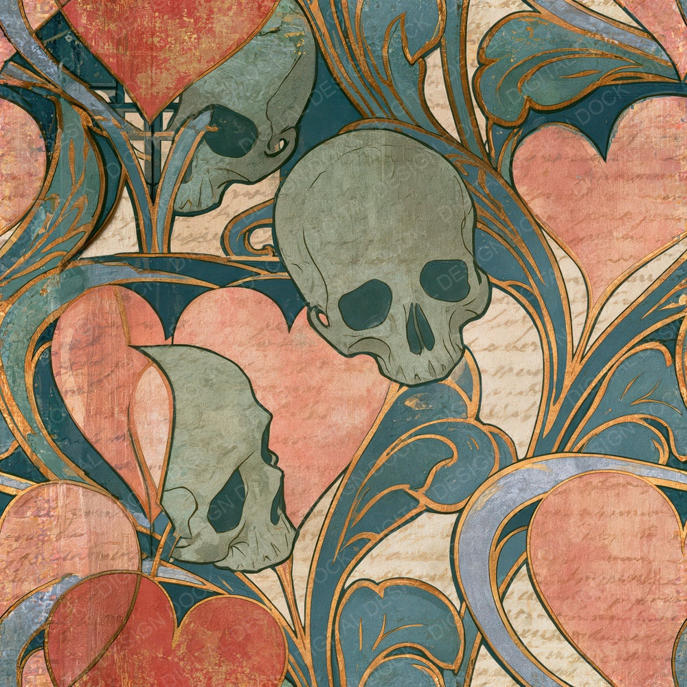 Single Art Nouveau Skulls Hearts Peach Sage Seamless digital paper shown full size
