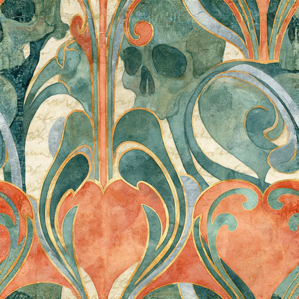 Another Art Nouveau Skulls Hearts Peach Sage Seamless digital paper shown full size