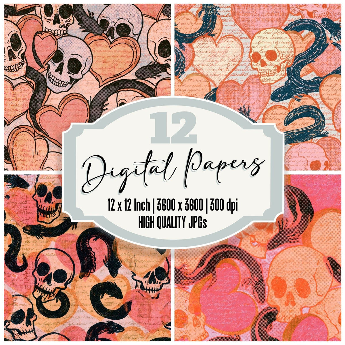Comic Book Skulls Hearts Apricot Seamless digital paper pack cover showing four of the 12 papers