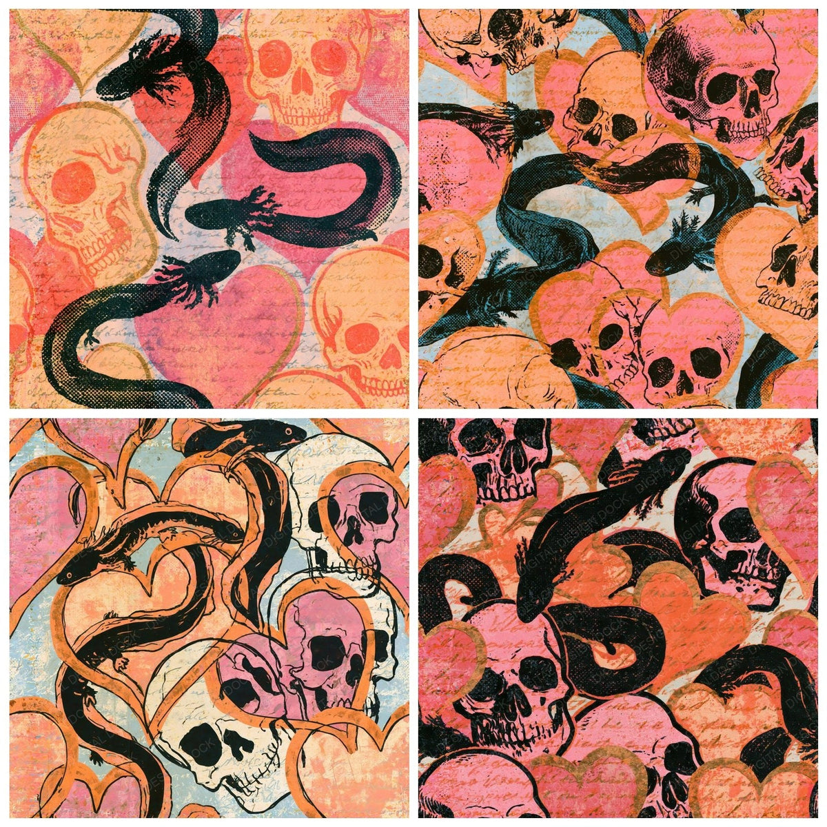 Four Comic Book Skulls Hearts Apricot Seamless digital papers from the pack shown in a grid