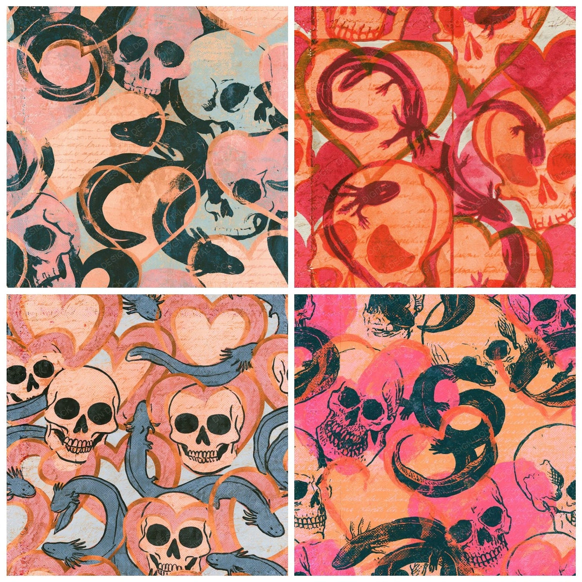 Four more Comic Book Skulls Hearts Apricot Seamless digital papers from the pack shown in a grid