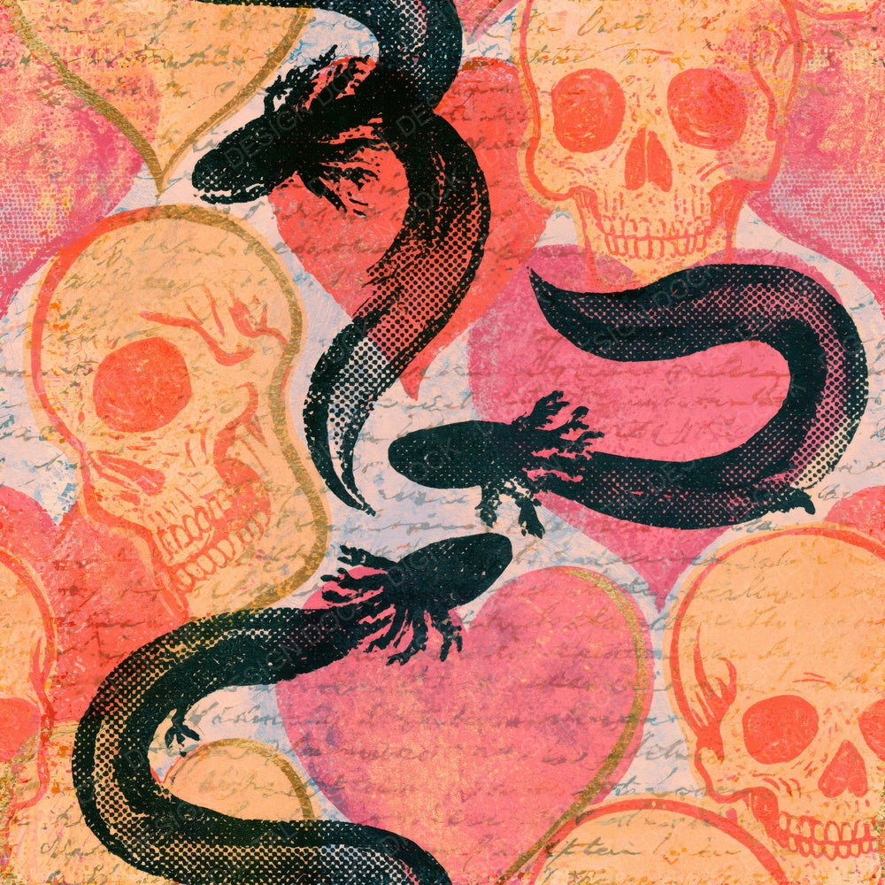Single Comic Book Skulls Hearts Apricot Seamless digital paper shown full size