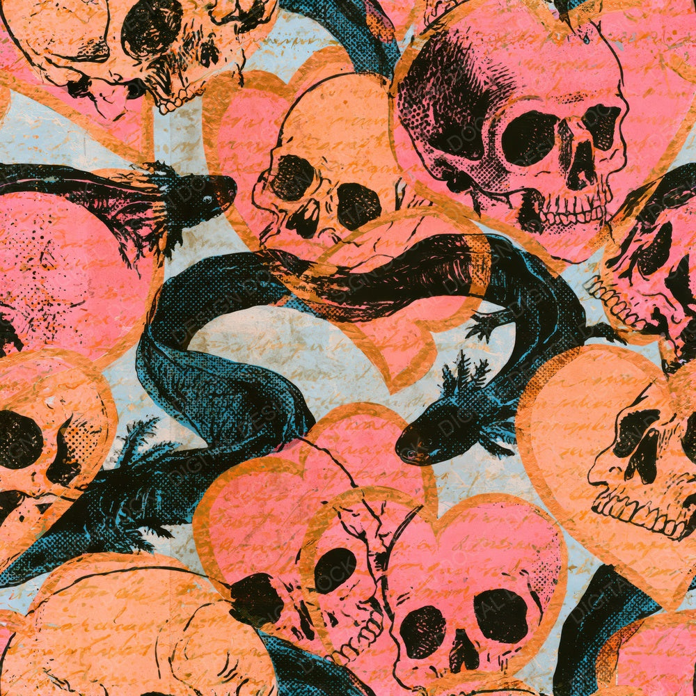 Another Comic Book Skulls Hearts Apricot Seamless digital paper shown full size