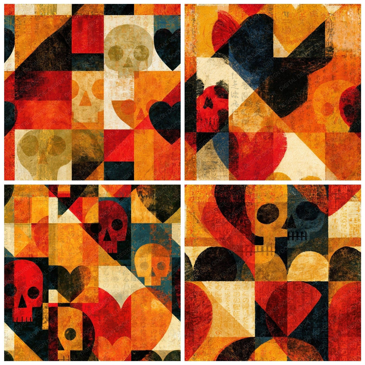 Four Constructivist Skulls Hearts Ochre Seamless digital papers from the pack shown in a grid