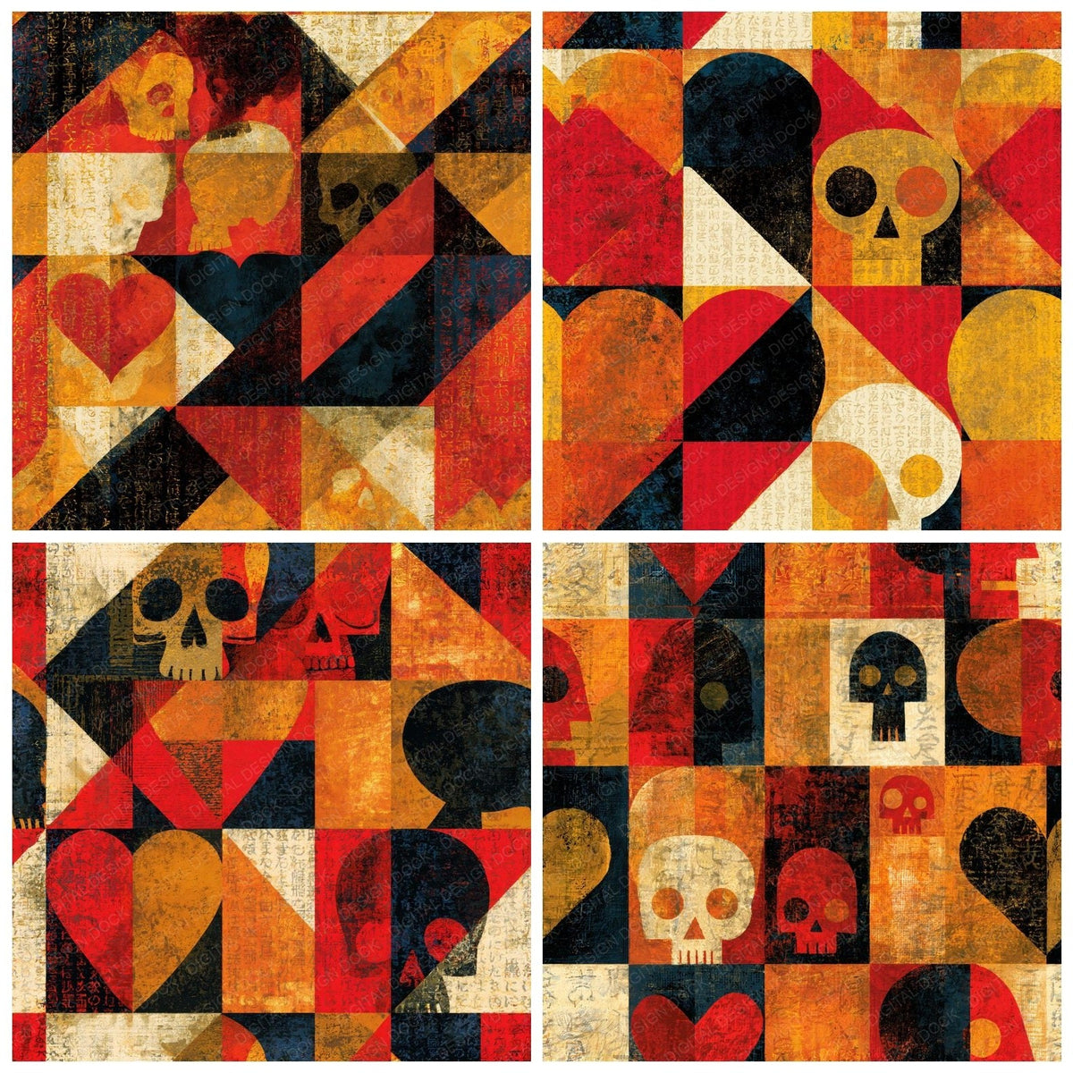Four more Constructivist Skulls Hearts Ochre Seamless digital papers from the pack shown in a grid