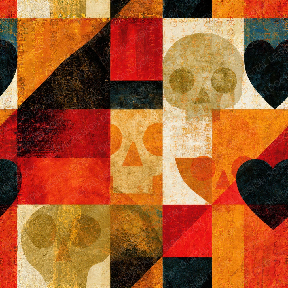 Single Constructivist Skulls Hearts Ochre Seamless digital paper shown full size