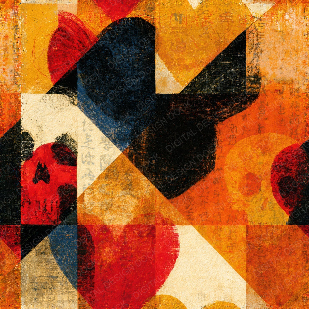 Another Constructivist Skulls Hearts Ochre Seamless digital paper shown full size