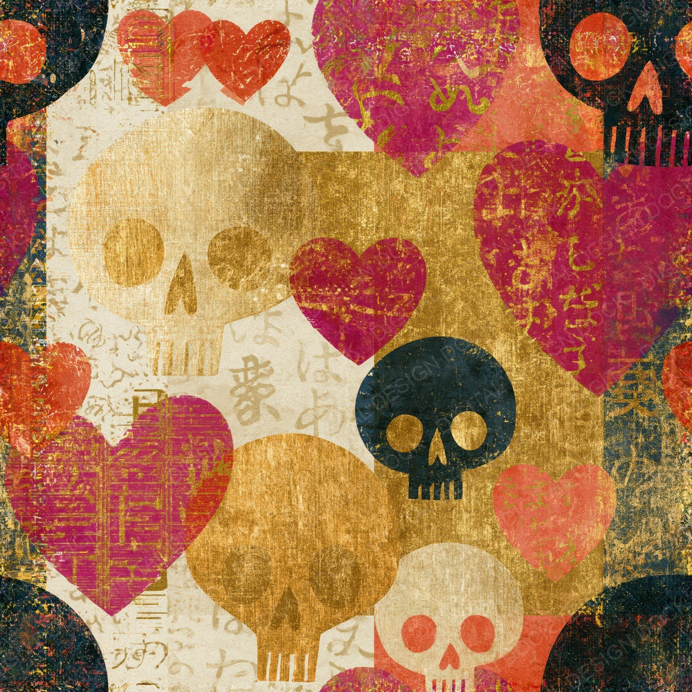 Single Flat Vector Skulls Hearts Tobacco Rose Seamless digital paper shown full size
