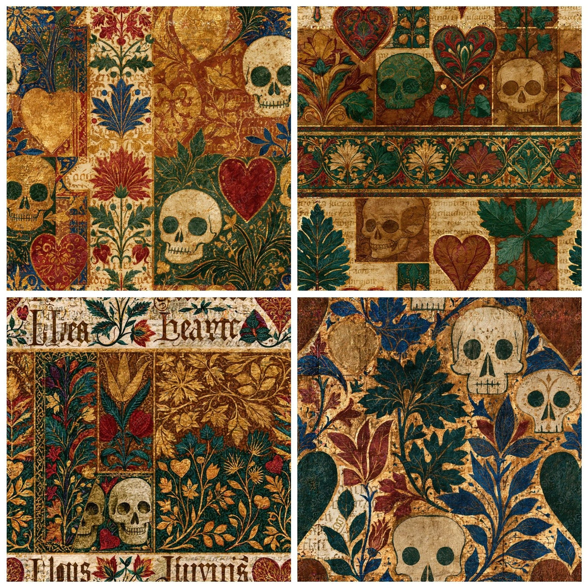 Four more Illuminated Skulls Hearts Tobacco Moss Seamless digital papers from the pack shown in a grid