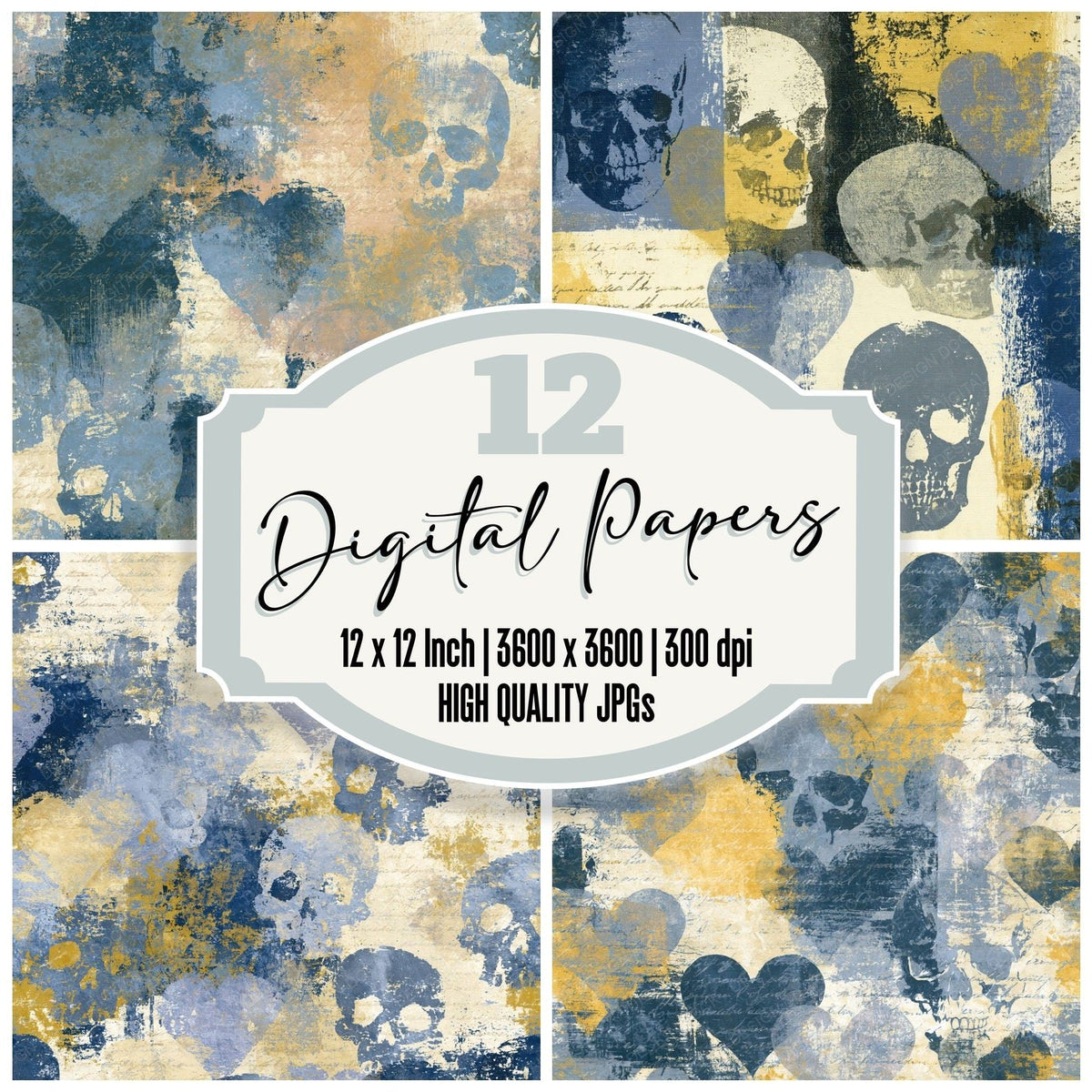 Layered Skulls Hearts Slate Butter Abstract digital paper pack cover showing four of the 12 papers
