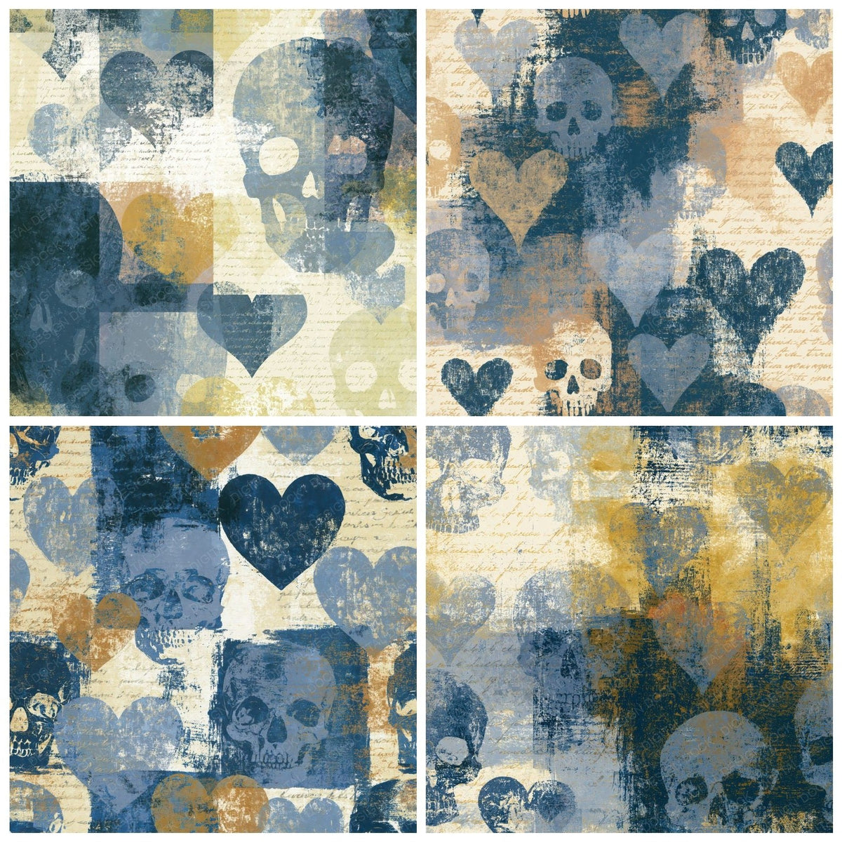 Four Layered Skulls Hearts Slate Butter Abstract digital papers from the pack shown in a grid