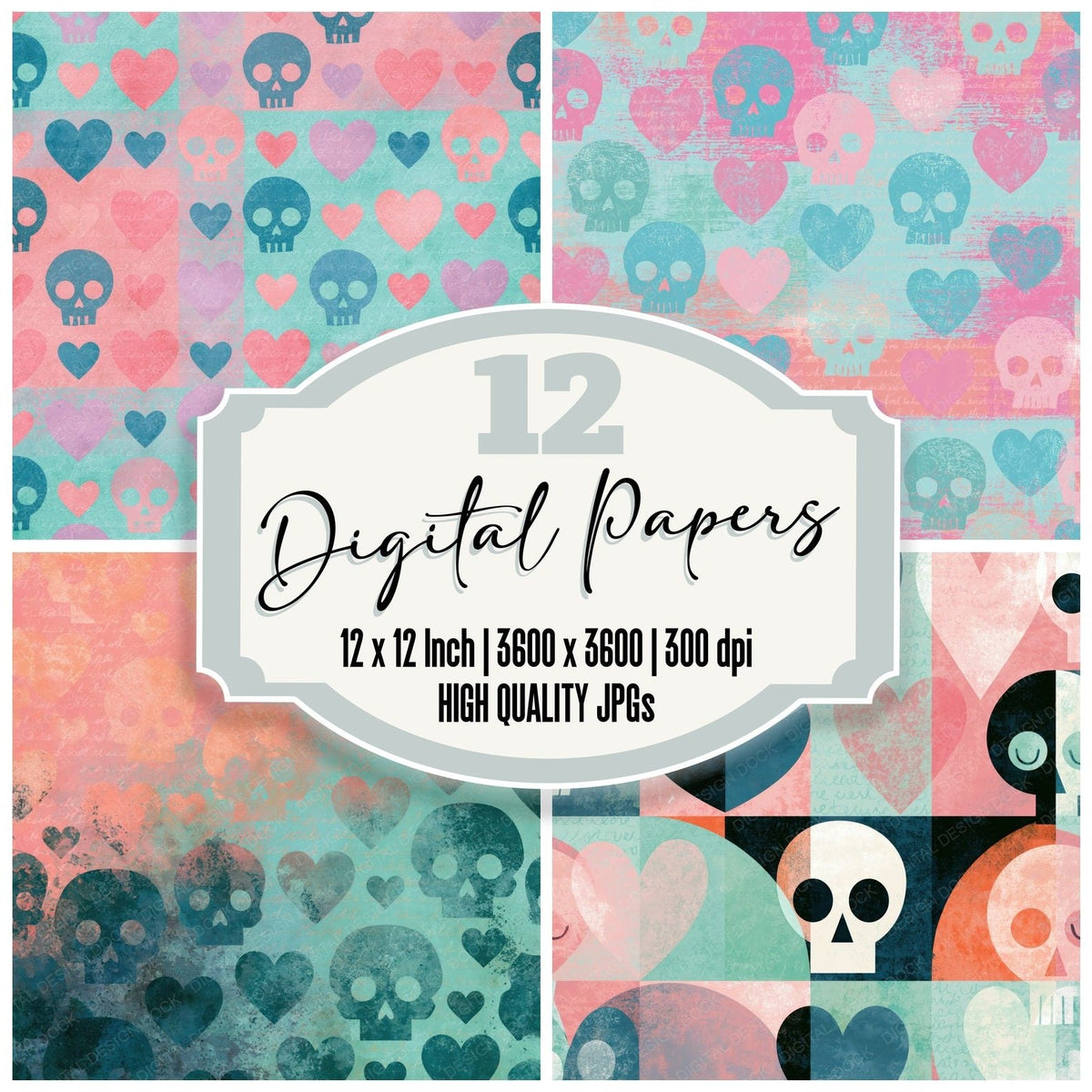 Mid Century Skulls Hearts Pink Mint digital paper pack cover showing four of the 12 papers