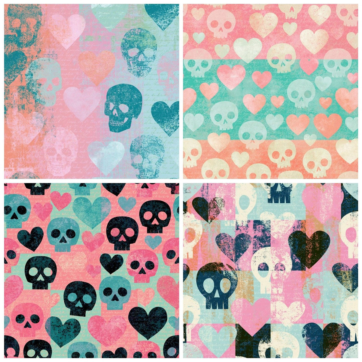 Four Mid Century Skulls Hearts Pink Mint digital papers from the pack shown in a grid