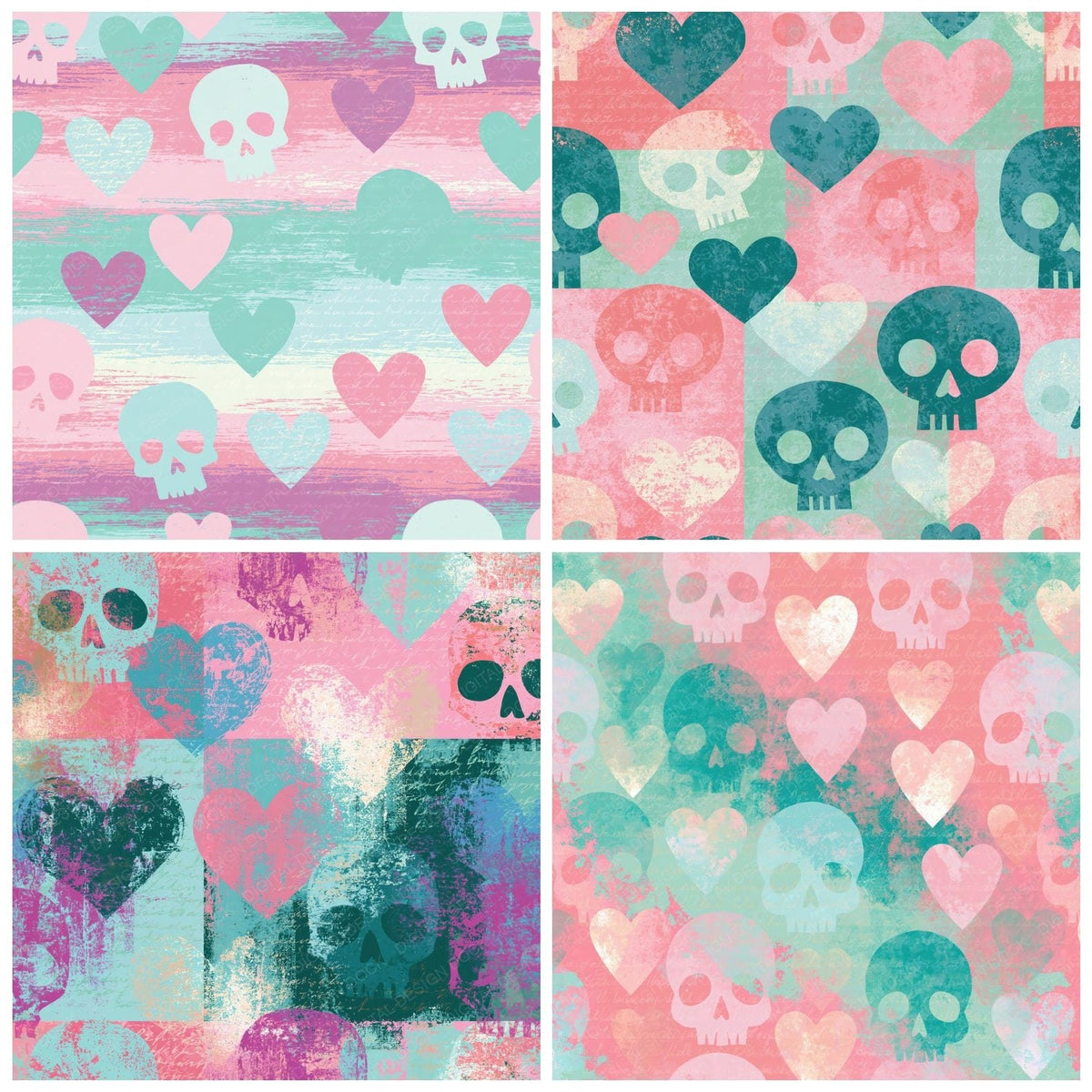 Four more Mid Century Skulls Hearts Pink Mint digital papers from the pack shown in a grid