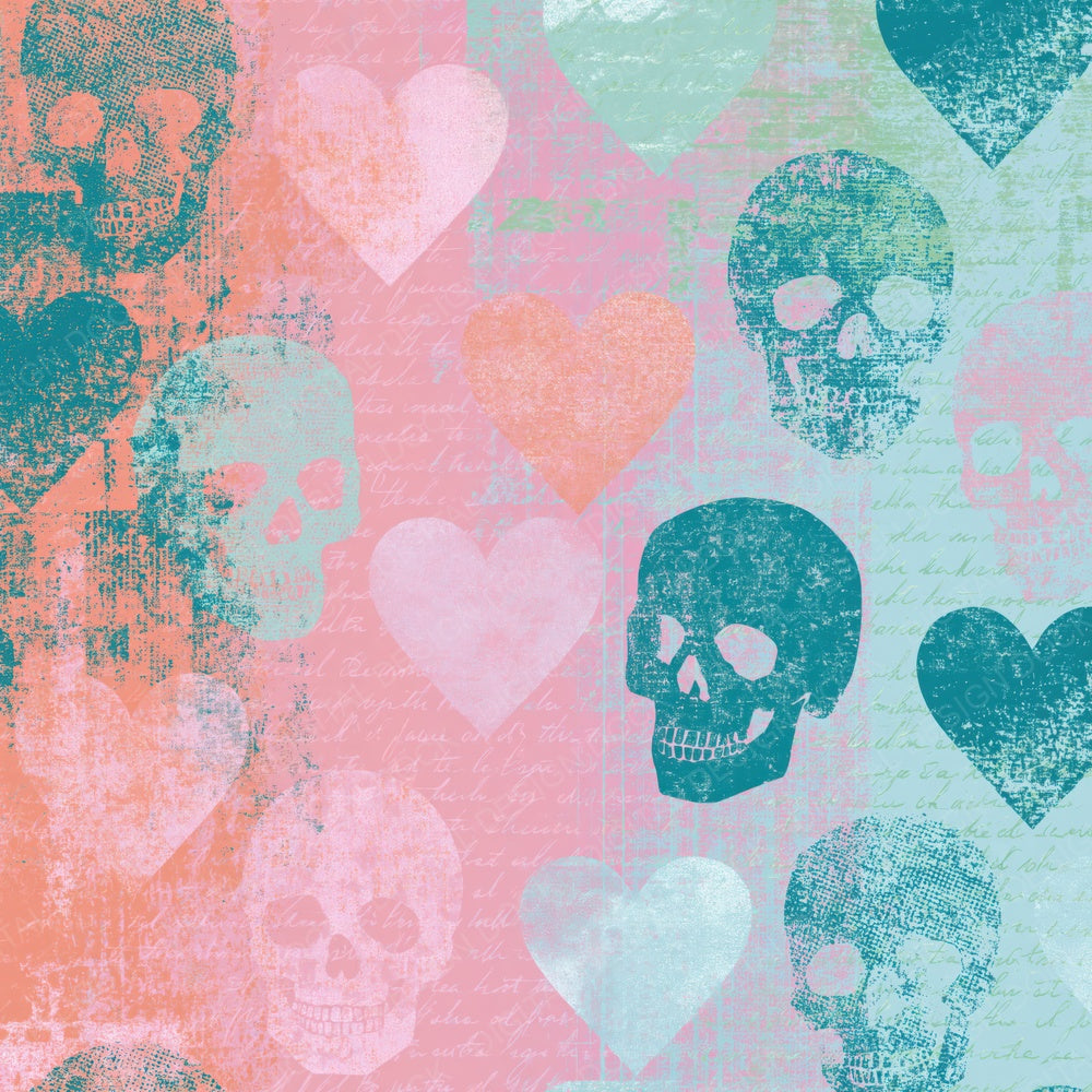 Single Mid Century Skulls Hearts Pink Mint digital paper shown full size