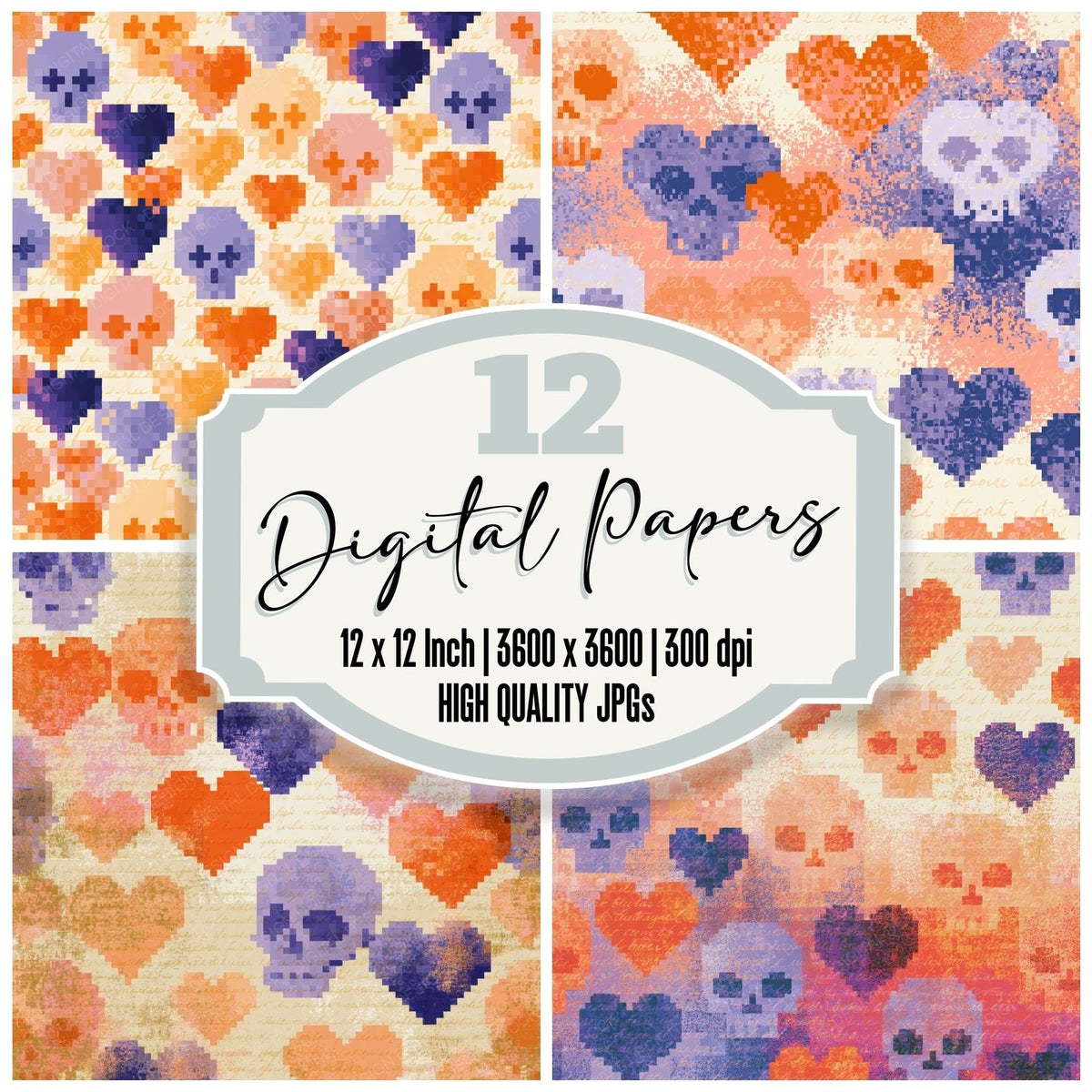 Pixel Skulls Hearts Tangerine Lavender digital paper pack cover showing four of the 12 papers