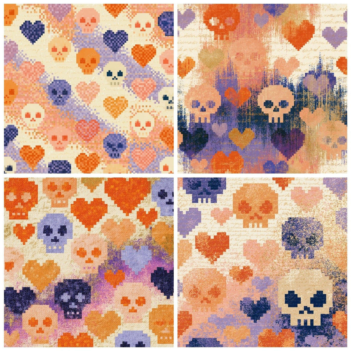 Four Pixel Skulls Hearts Tangerine Lavender digital papers from the pack shown in a grid